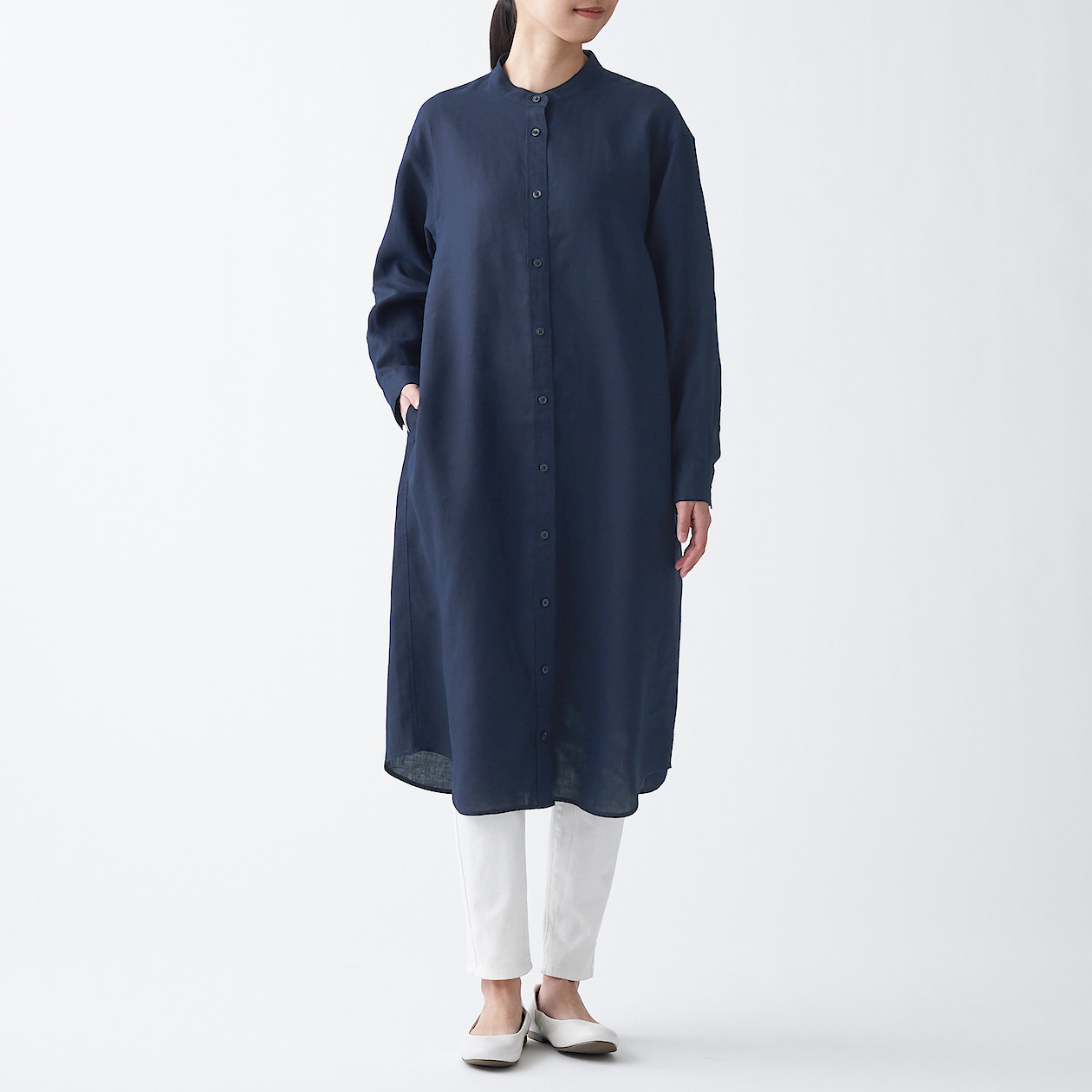 Buy French Linen Stand Collar Dress online | Muji